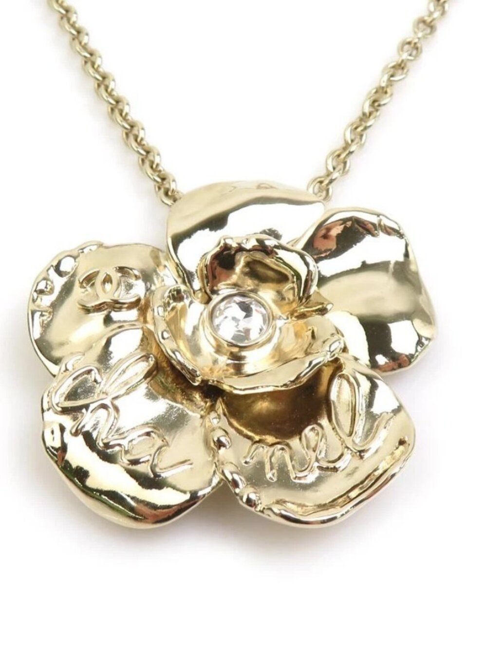 Auth CHANEL Camellia Flower Necklace Gold Metal/Rhinestone - e62232i